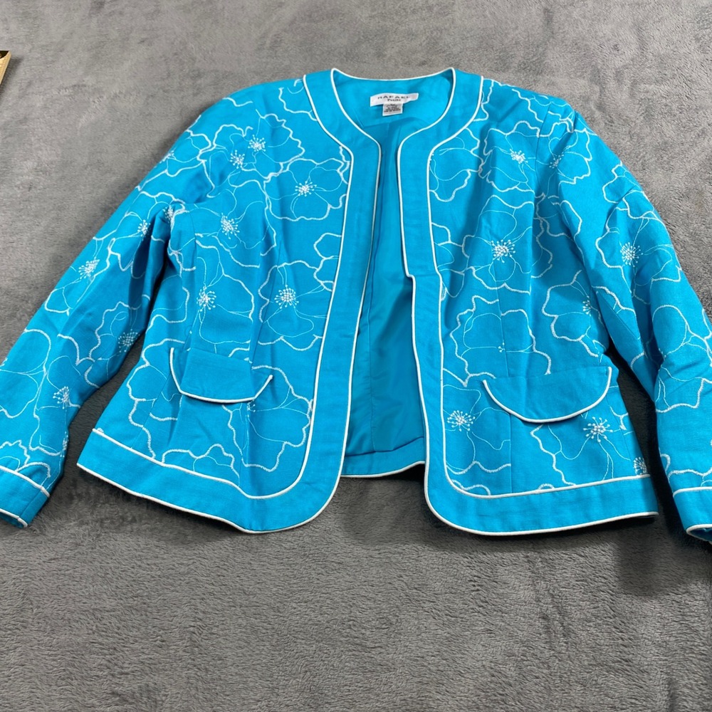 Rafael Blazer Women M Petite Turquoise Blue Floral Linen Blend Open Front Jacket